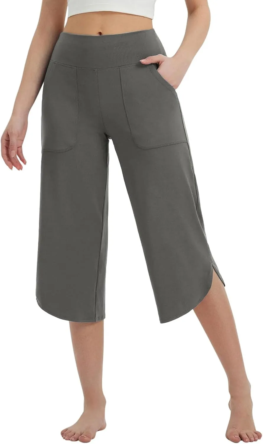 Women Curved Split Hem Capri Pant Summer Casual Loose Yoga Workout Pants Elastic High Waist Crop Trousers for Gym Running