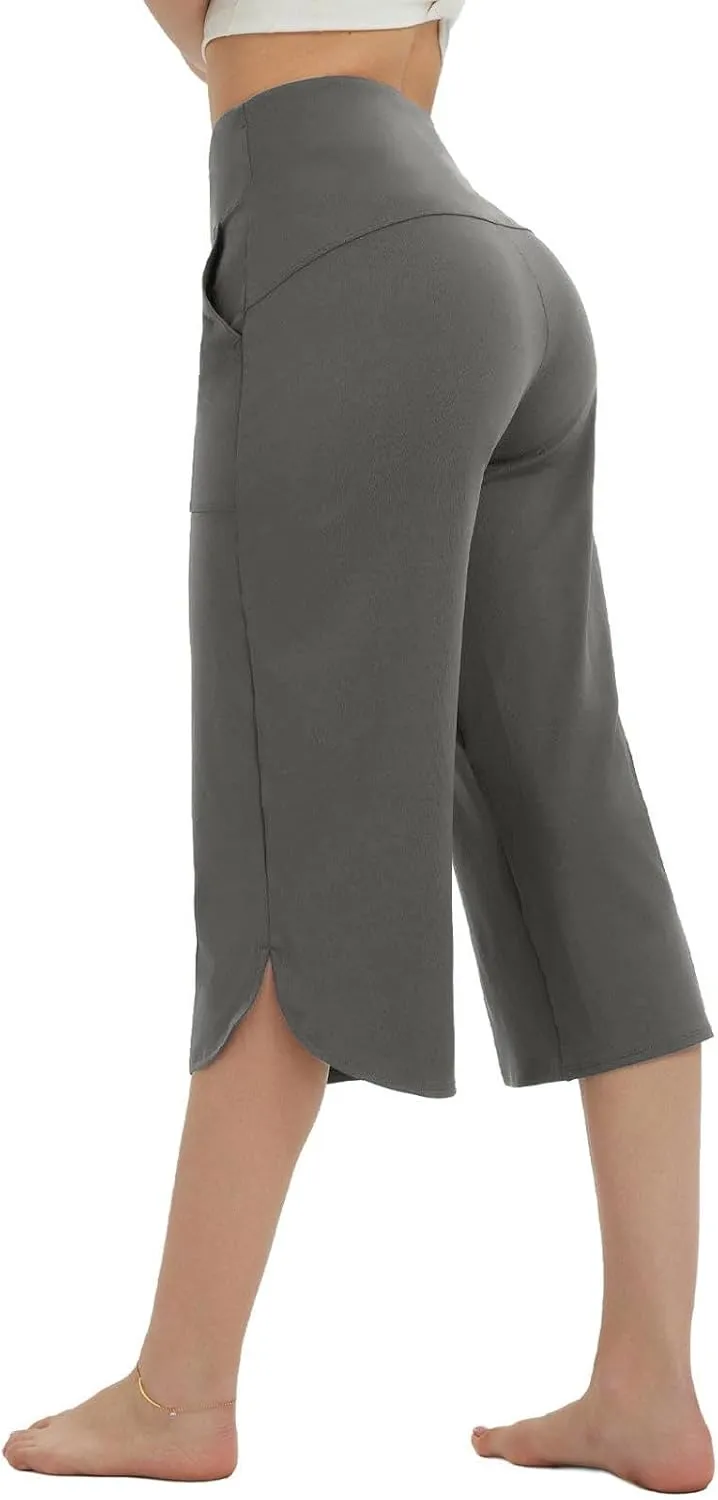 Women Curved Split Hem Capri Pant Summer Casual Loose Yoga Workout Pants Elastic High Waist Crop Trousers for Gym Running