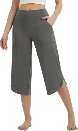 Women Curved Split Hem Capri Pant Summer Casual Loose Yoga Workout Pants Elastic High Waist Crop Trousers for Gym Running