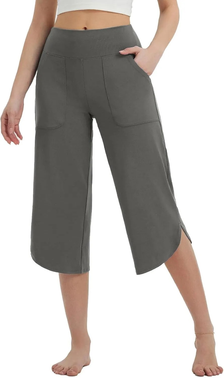 Women Curved Split Hem Capri Pant Summer Casual Loose Yoga Workout Pants Elastic High Waist Crop Trousers for Gym Running