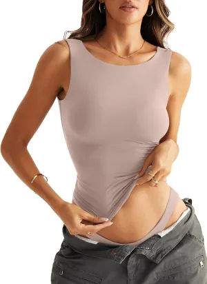 Women Sleeveless Boat Neck Tops Double Lined Backless Tank Tops Basic Fitted T Shirts 2025
