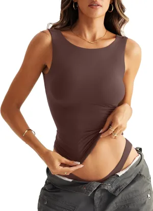Women Sleeveless Boat Neck Tops Double Lined Backless Tank Tops Basic Fitted T Shirts 2025