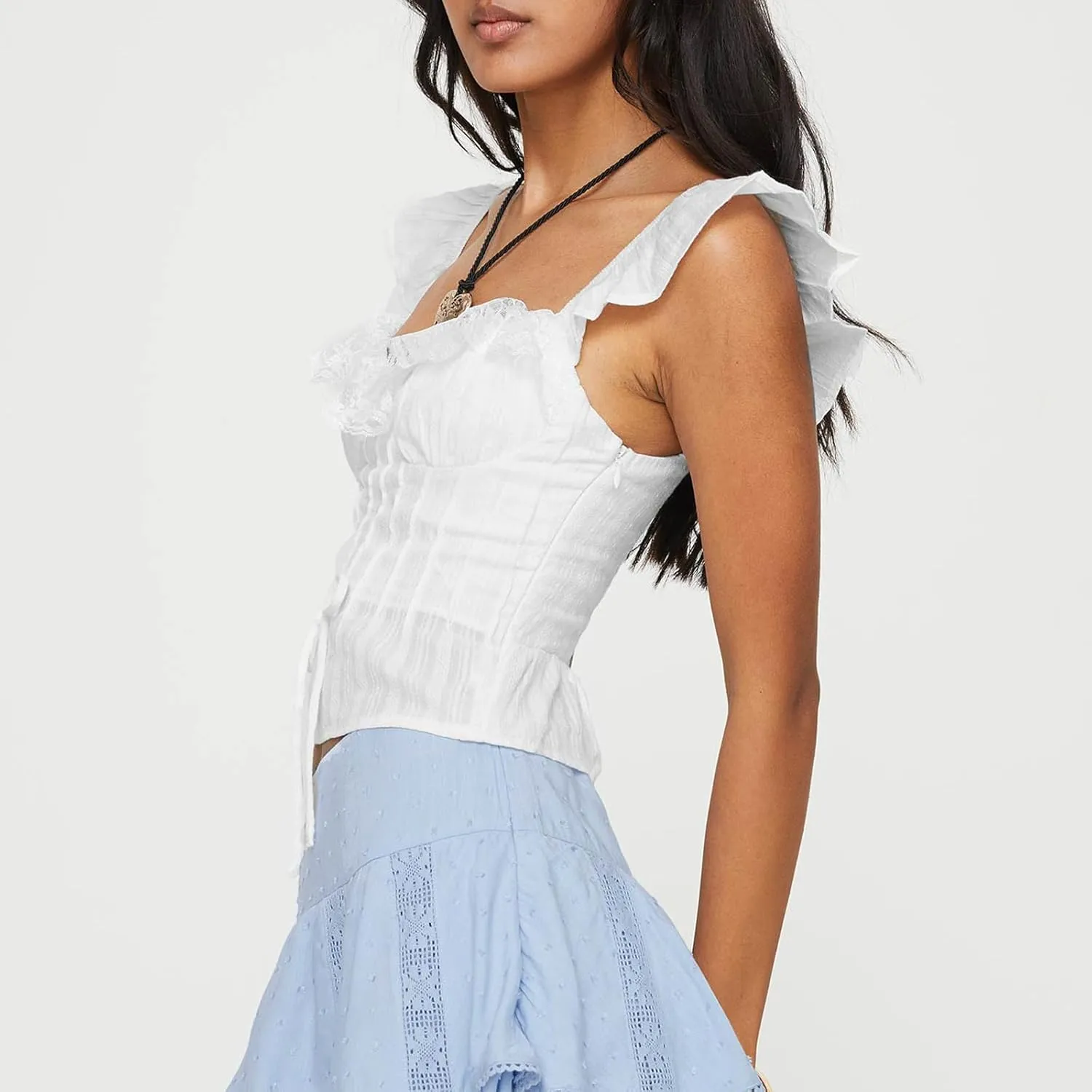 Women Y2k Sleeveless Crop Top Square Neck Ruffle Sleeveless Eyelet Slim Fit Ruched Vest Solid Basic Tees