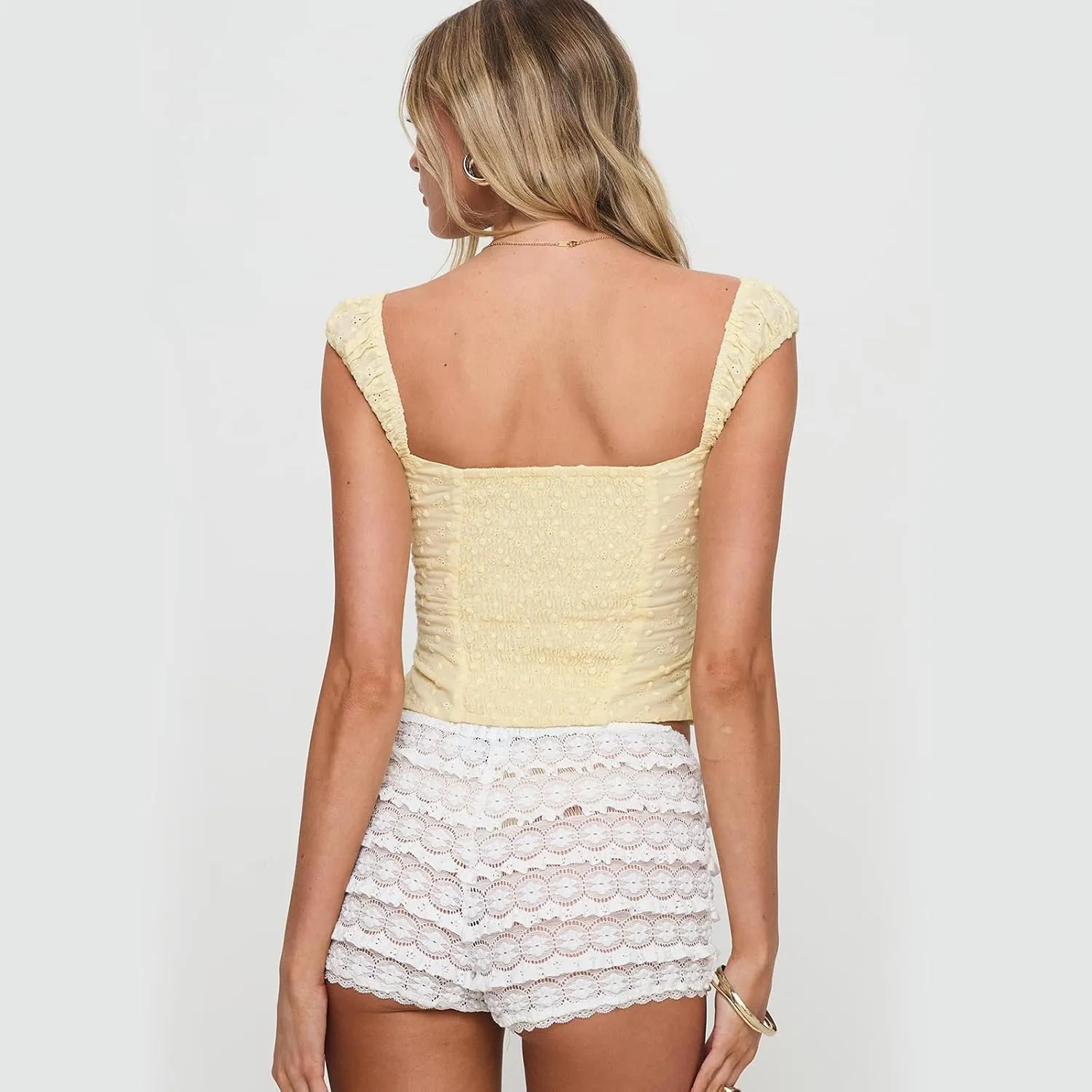 Women Y2k Sleeveless Crop Top Square Neck Ruffle Sleeveless Eyelet Slim Fit Ruched Vest Solid Basic Tees