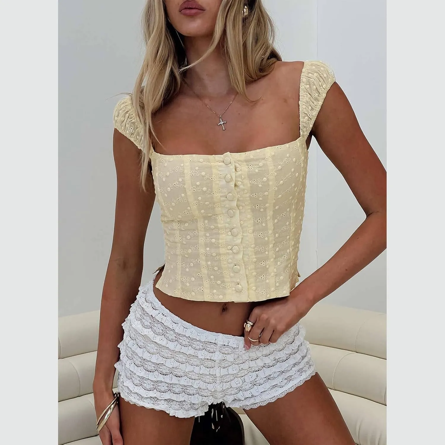 Women Y2k Sleeveless Crop Top Square Neck Ruffle Sleeveless Eyelet Slim Fit Ruched Vest Solid Basic Tees