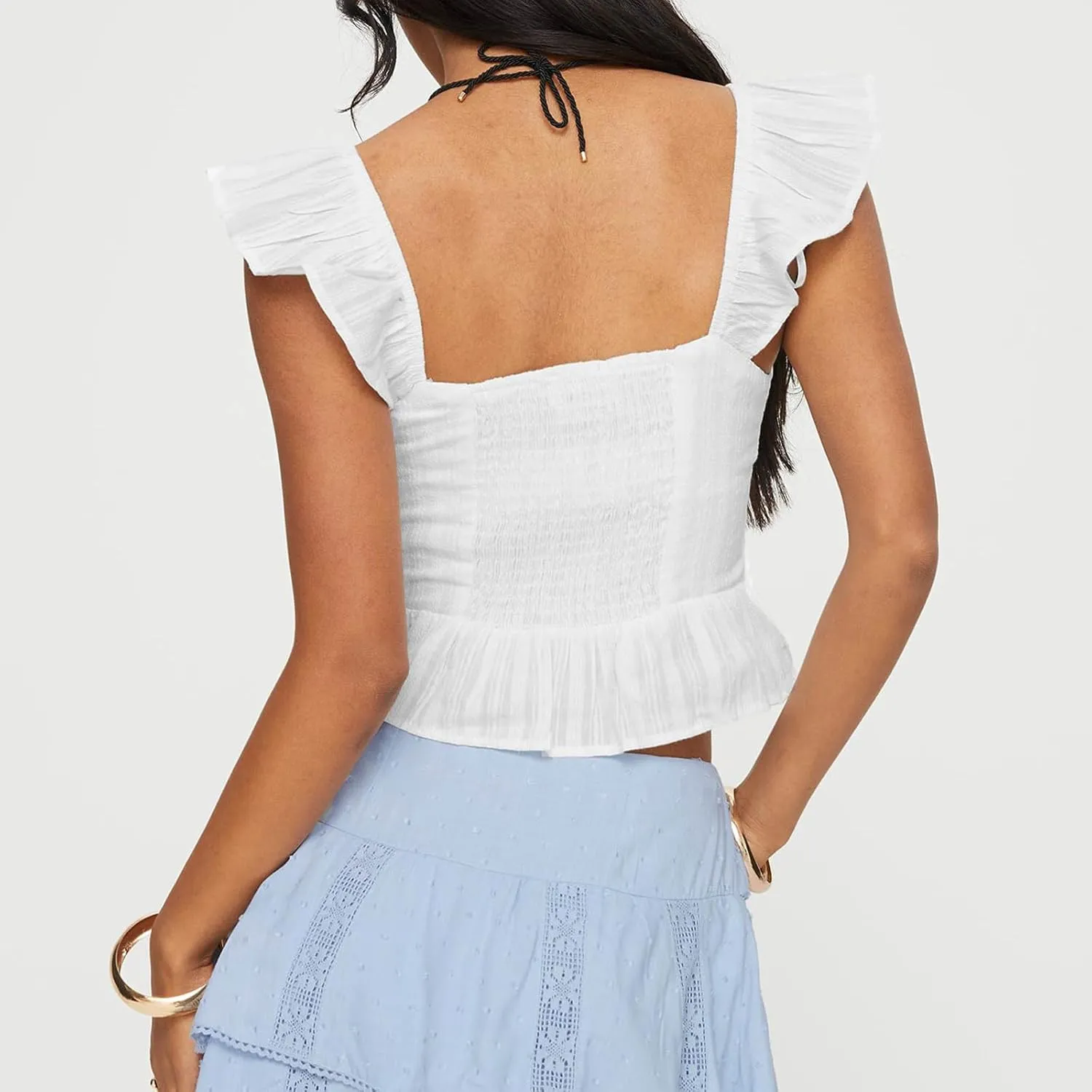 Women Y2k Sleeveless Crop Top Square Neck Ruffle Sleeveless Eyelet Slim Fit Ruched Vest Solid Basic Tees