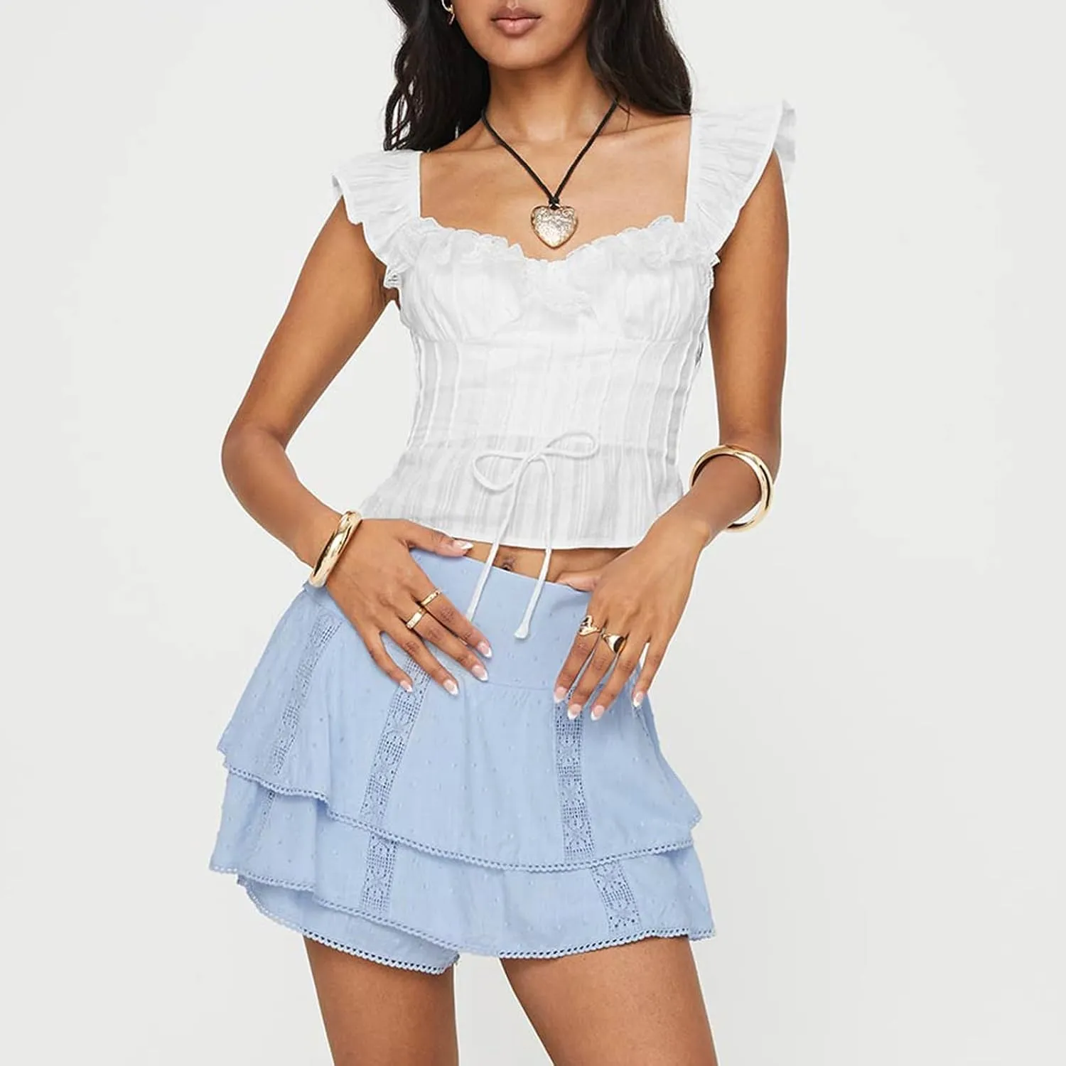 Women Y2k Sleeveless Crop Top Square Neck Ruffle Sleeveless Eyelet Slim Fit Ruched Vest Solid Basic Tees