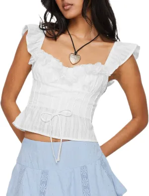 Women Y2k Sleeveless Crop Top Square Neck Ruffle Sleeveless Eyelet Slim Fit Ruched Vest Solid Basic Tees