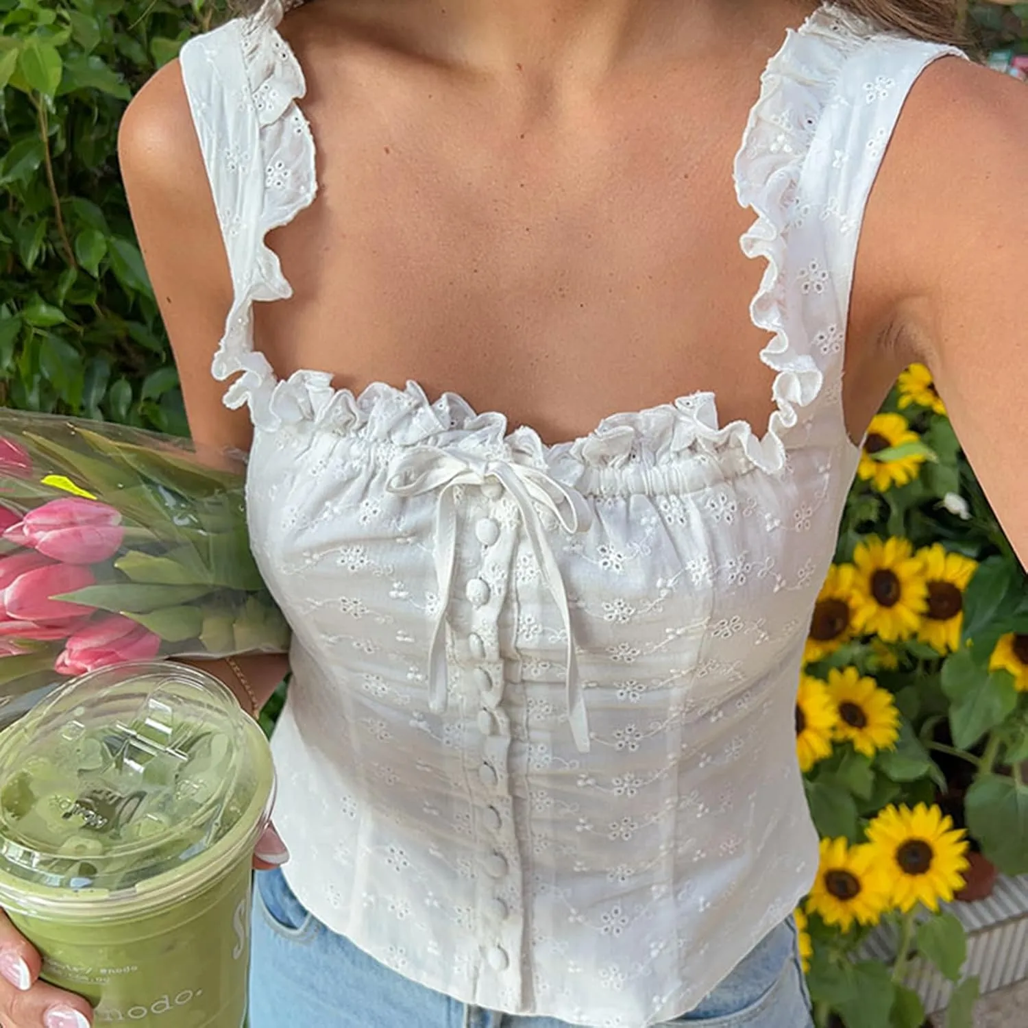 Women Y2k Sleeveless Crop Top Square Neck Ruffle Sleeveless Eyelet Slim Fit Ruched Vest Solid Basic Tees
