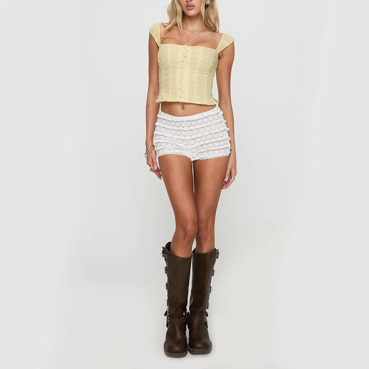 Women Y2k Sleeveless Crop Top Square Neck Ruffle Sleeveless Eyelet Slim Fit Ruched Vest Solid Basic Tees