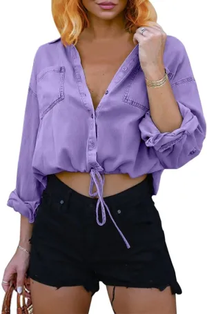 Women's 3/4 Sleeve Solid Colored Cropped Denim Jacket Light Wash Short Jean Jacket Trucker Coat