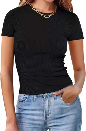 Womens Basic Teen Tees Summer Tops for Women 2024 Workout Crewneck Short Sleeve Slim Fitted Casual Crop T Shirts