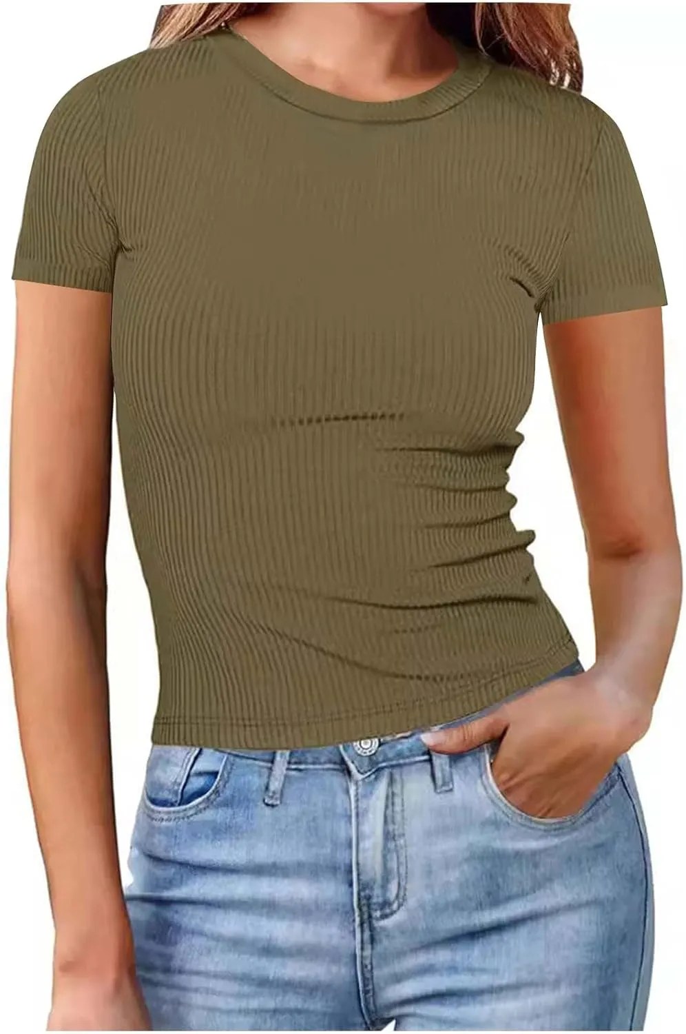 Womens Basic Teen Tees Summer Tops for Women 2024 Workout Crewneck Short Sleeve Slim Fitted Casual Crop T Shirts