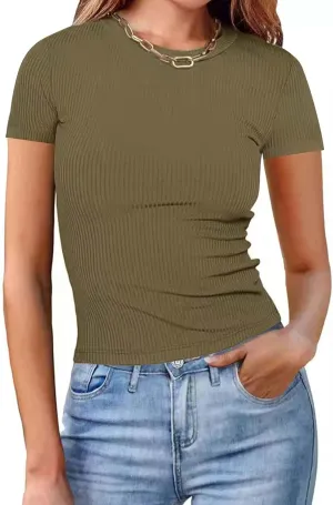 Womens Basic Teen Tees Summer Tops for Women 2024 Workout Crewneck Short Sleeve Slim Fitted Casual Crop T Shirts