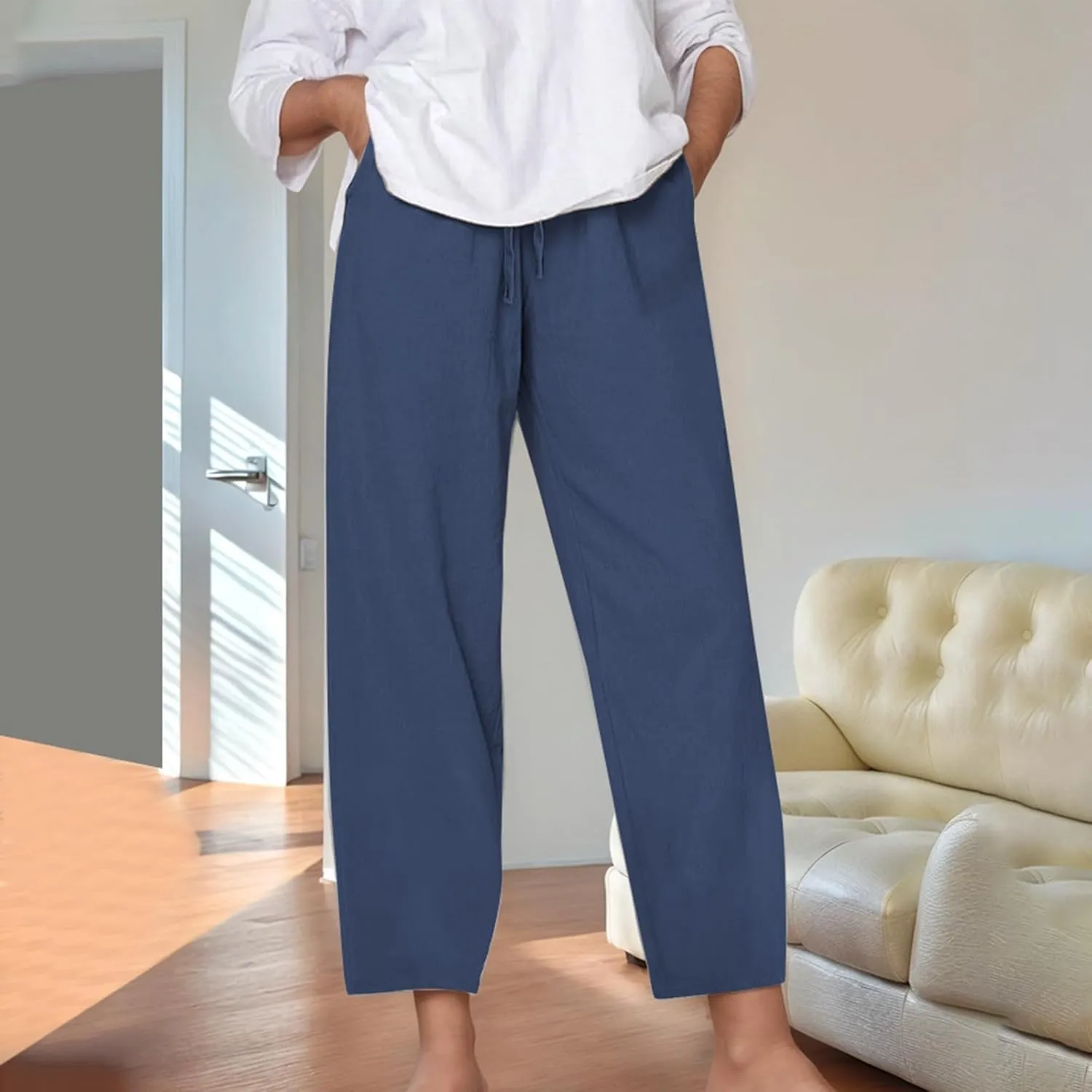 Womens Casual Cotton Linen Pants Drawstring Elastic Waist Cropped Trouser Comfort Trousers Travel Vacation Outfits
