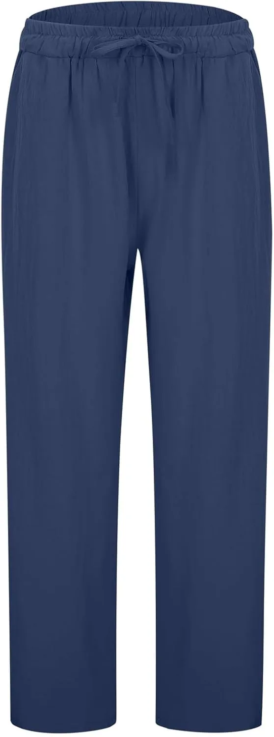 Womens Casual Cotton Linen Pants Drawstring Elastic Waist Cropped Trouser Comfort Trousers Travel Vacation Outfits