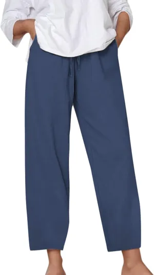 Womens Casual Cotton Linen Pants Drawstring Elastic Waist Cropped Trouser Comfort Trousers Travel Vacation Outfits