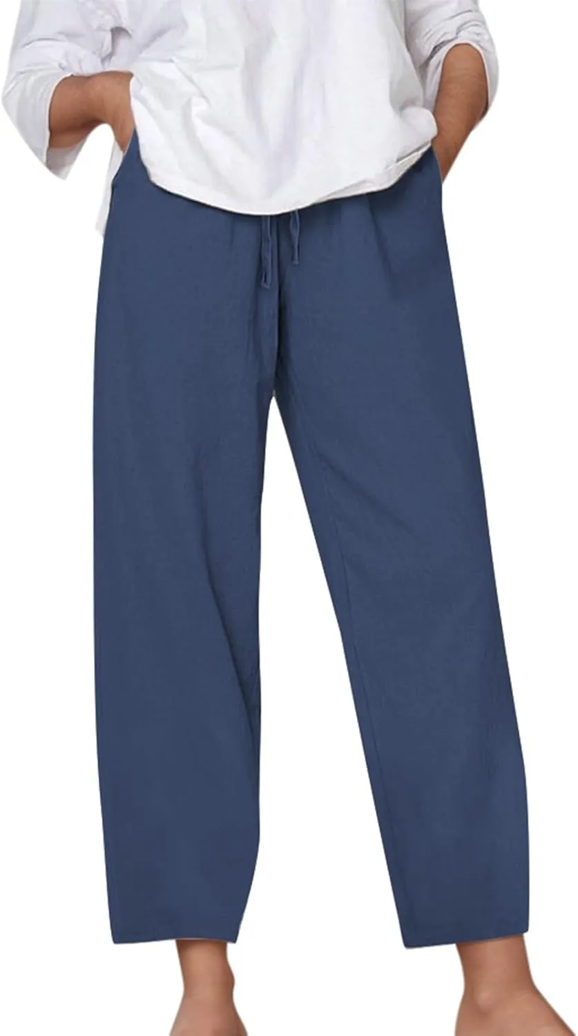 Womens Casual Cotton Linen Pants Drawstring Elastic Waist Cropped Trouser Comfort Trousers Travel Vacation Outfits