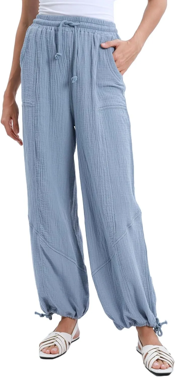 Women's Cotton Gauze Cargo Drawstring Joggers