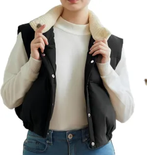Womens Cropped Puffer Vest Button Sleeveless Light Jacket Stand Collar Essentials Gilet with Pockets
