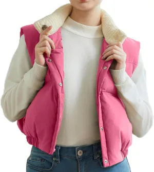 Womens Cropped Puffer Vest Button Sleeveless Light Jacket Stand Collar Essentials Gilet with Pockets