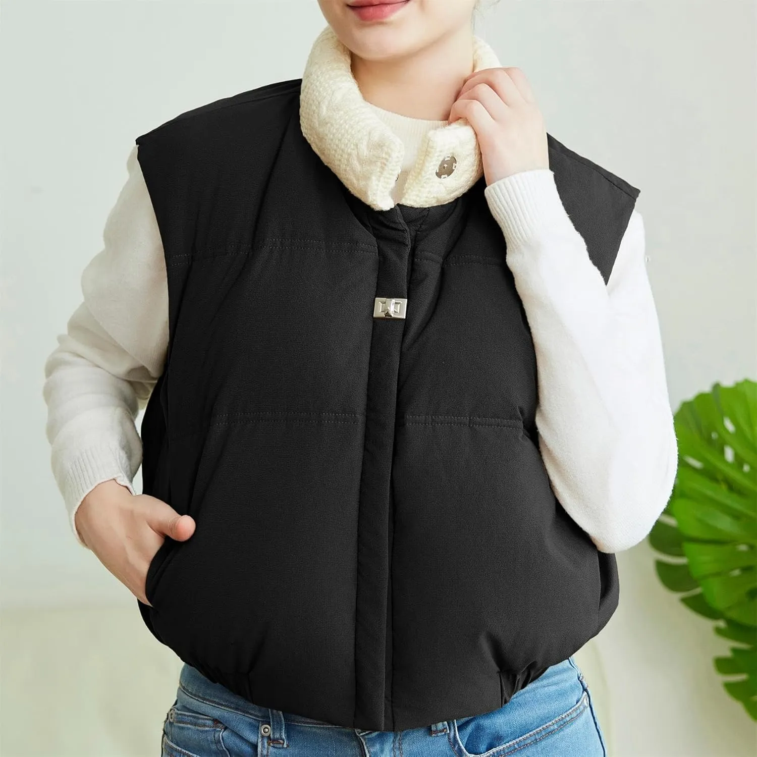 Womens Cropped Puffer Vest Button Sleeveless Light Jacket Stand Collar Essentials Gilet with Pockets