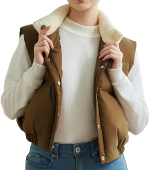 Womens Cropped Puffer Vest Button Sleeveless Light Jacket Stand Collar Essentials Gilet with Pockets