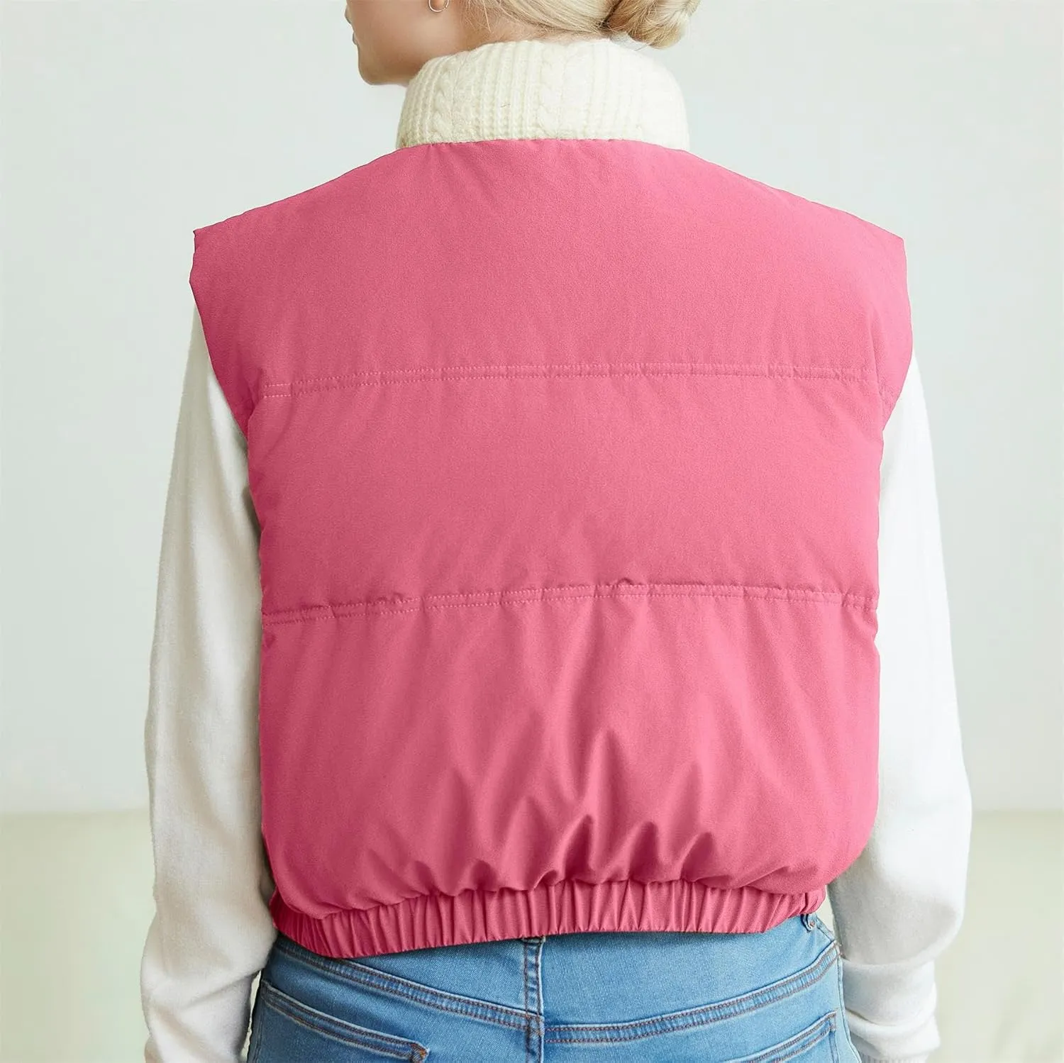 Womens Cropped Puffer Vest Button Sleeveless Light Jacket Stand Collar Essentials Gilet with Pockets