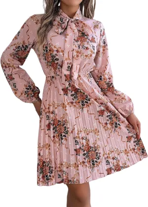 Womens Dresses 2024 Floral V Neck Ruffle Long Sleeve Chiffon Elastic Waist Casual A-Line Mini Dress