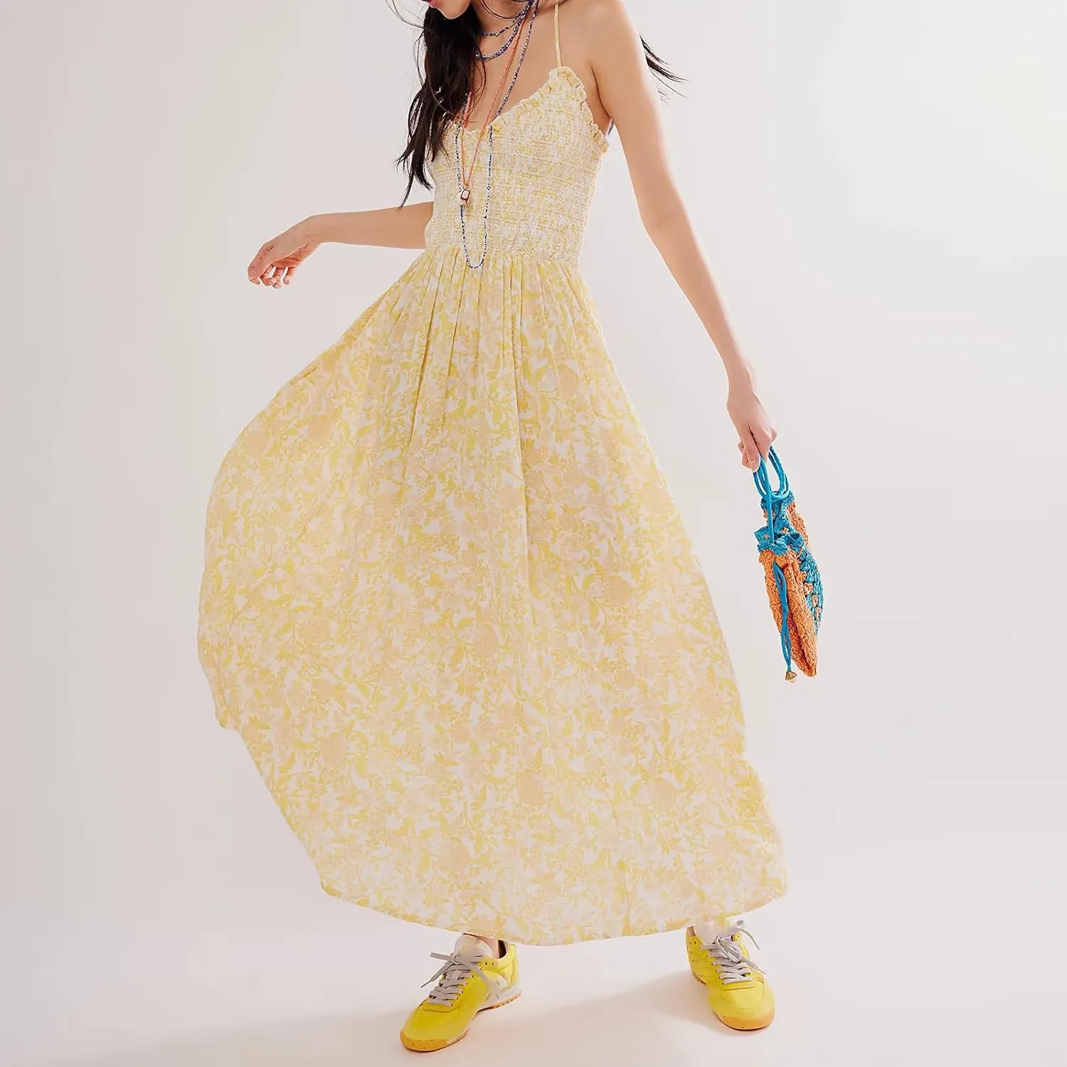 Women's Floral Maxi Beach Dress Summer Hollow Out Eyelet Embroidery Dress Flowy Boho Sundress Backless Long Dresses