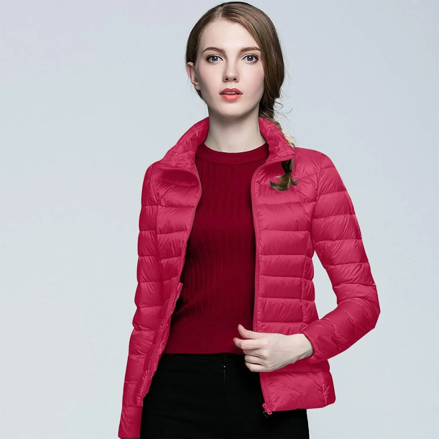Womens Lightweight Puffer Jacket Packable Stand Collar Quilted Down Coats 2024 Winter Warm Down Jackets with Pockets