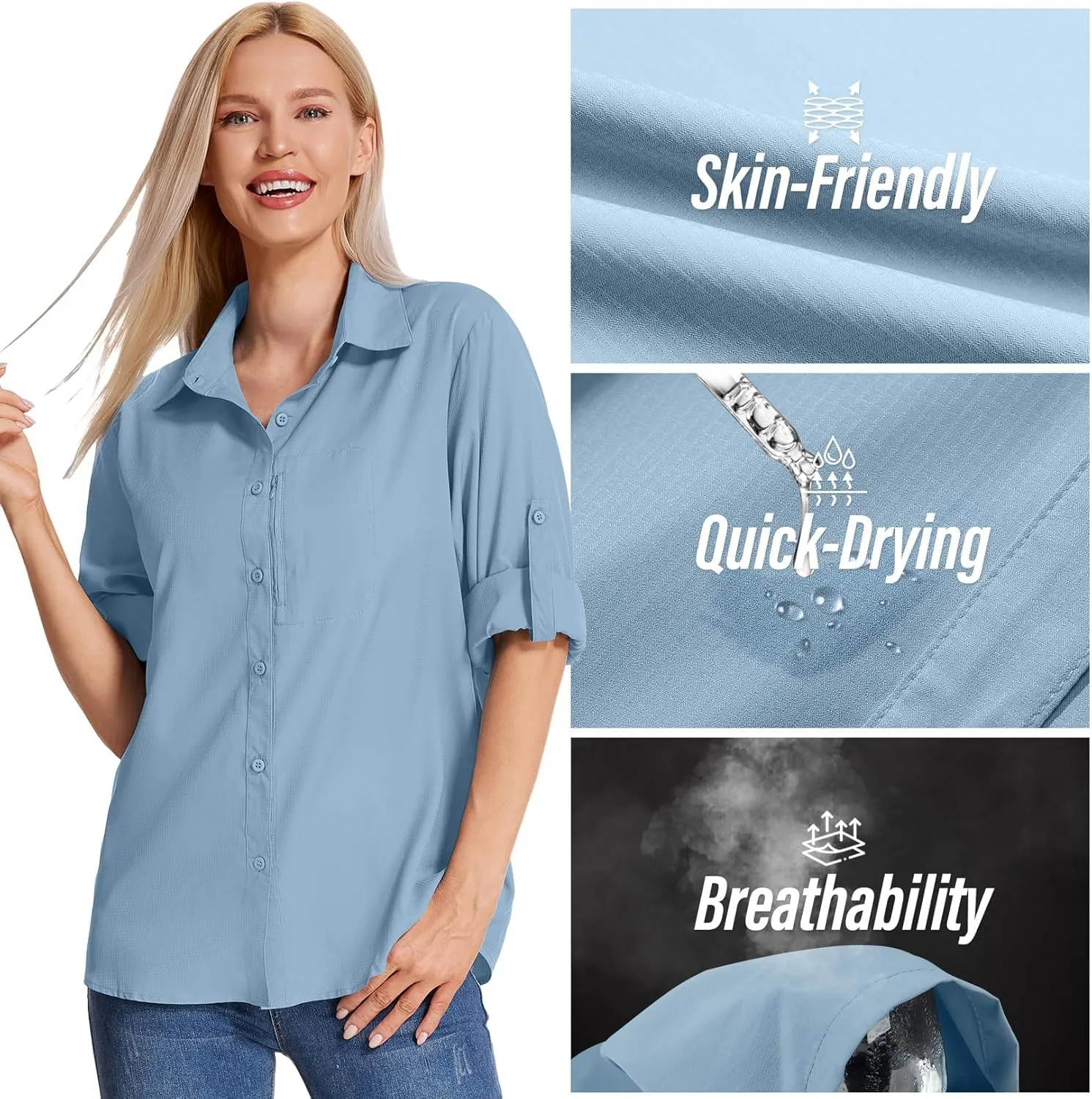 Women's Long Sleeve Safari Clothes UPF 50  Hiking Fishing Shirts,Sun Protection Quick Dry Light Cooling Shirts