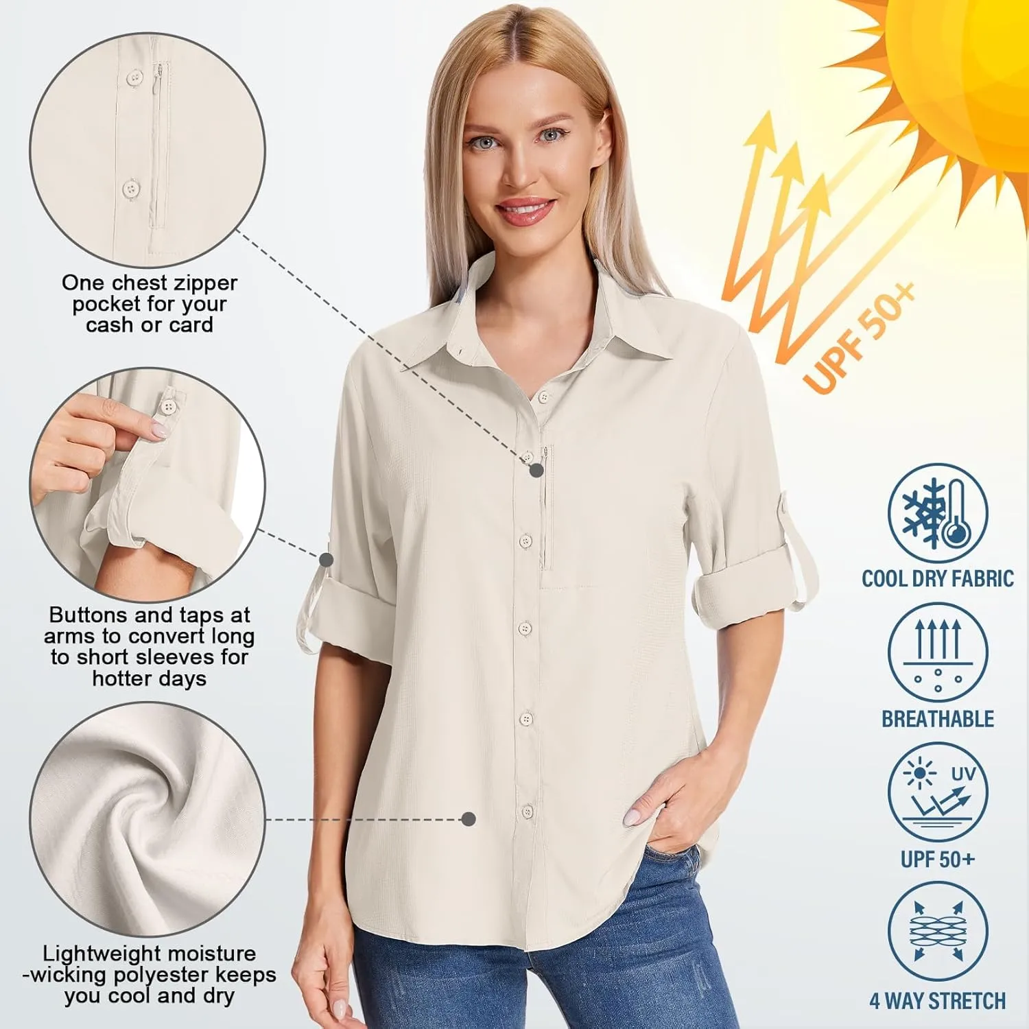 Women's Long Sleeve Safari Clothes UPF 50  Hiking Fishing Shirts,Sun Protection Quick Dry Light Cooling Shirts