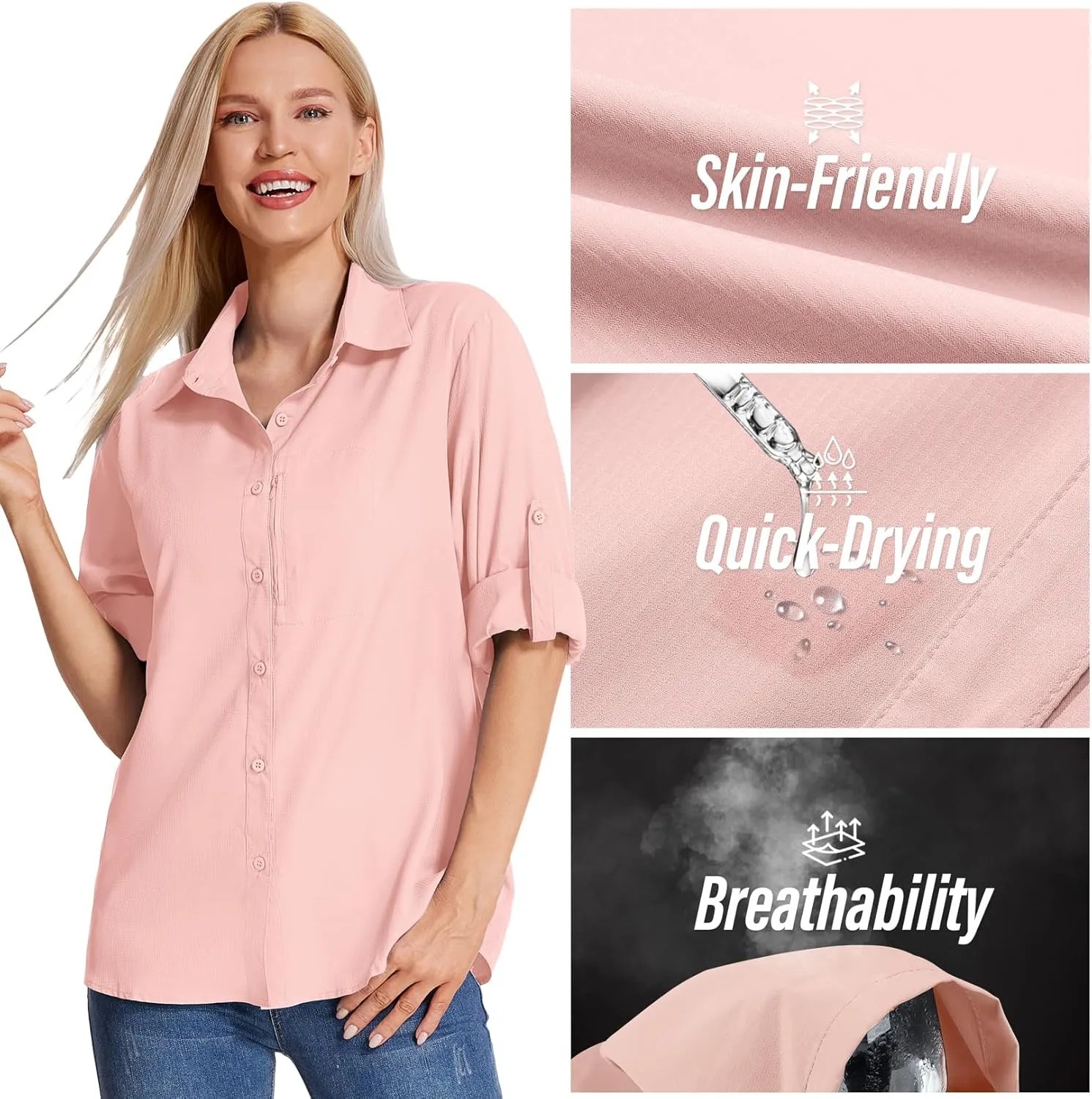 Women's Long Sleeve Safari Clothes UPF 50  Hiking Fishing Shirts,Sun Protection Quick Dry Light Cooling Shirts