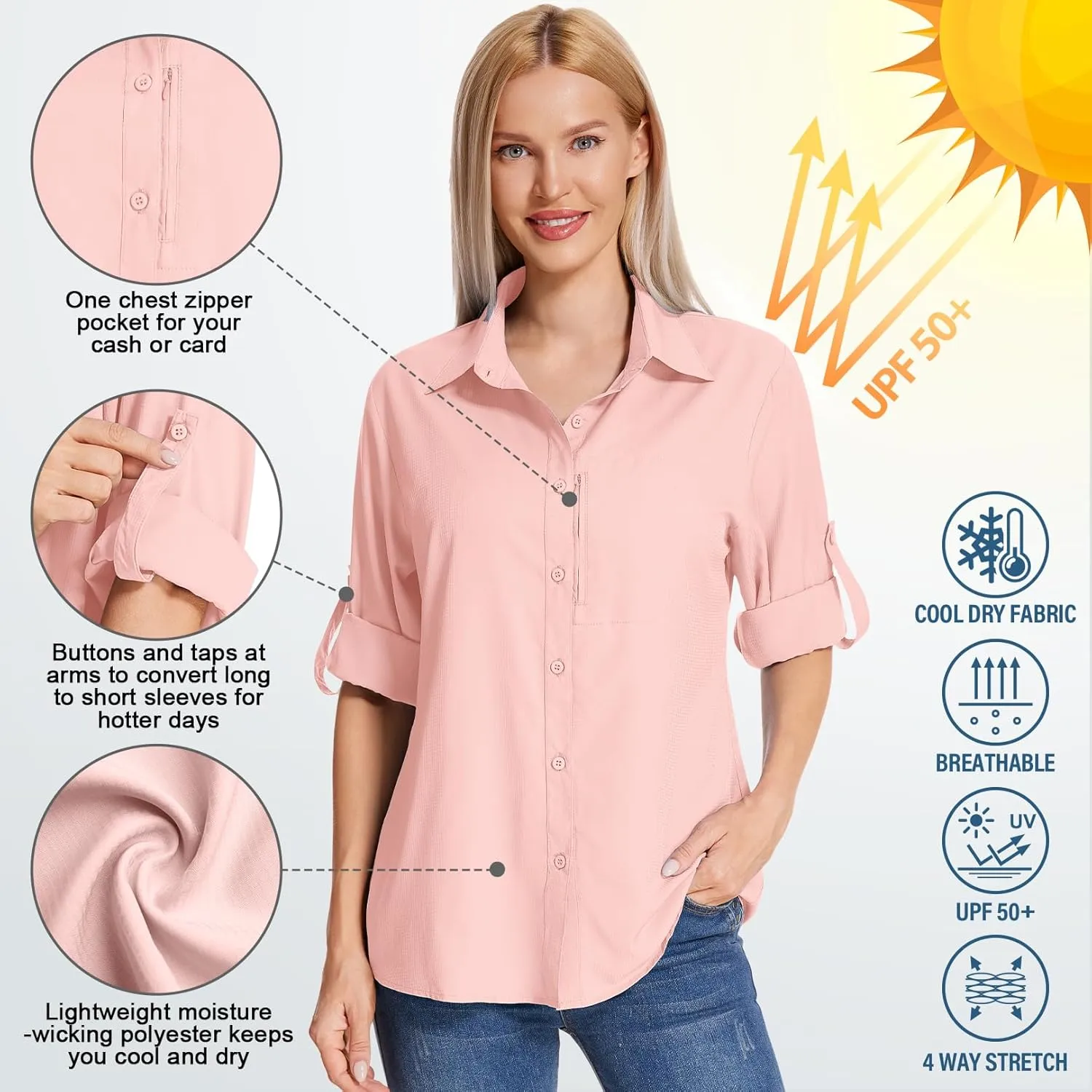 Women's Long Sleeve Safari Clothes UPF 50  Hiking Fishing Shirts,Sun Protection Quick Dry Light Cooling Shirts