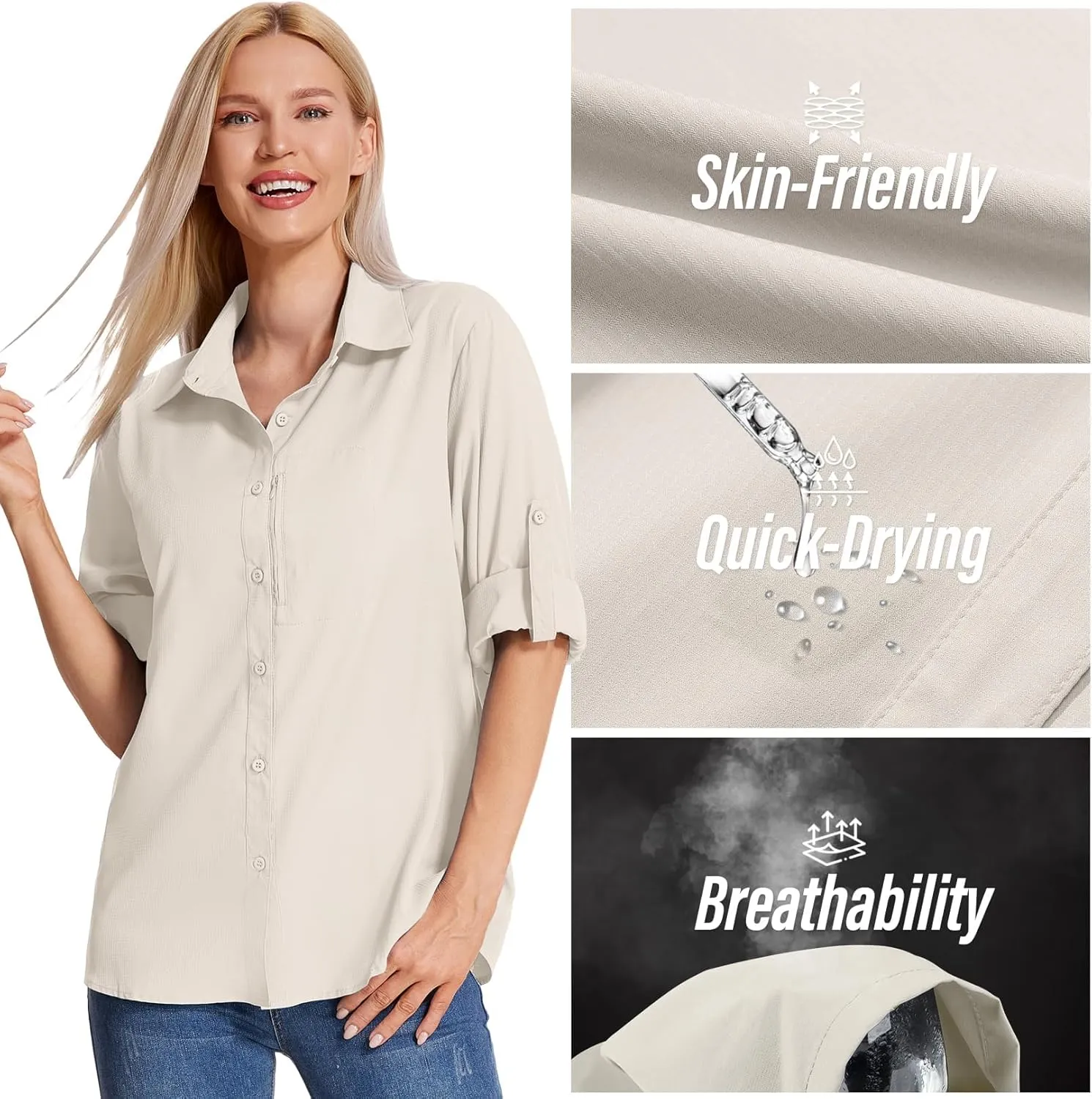Women's Long Sleeve Safari Clothes UPF 50  Hiking Fishing Shirts,Sun Protection Quick Dry Light Cooling Shirts