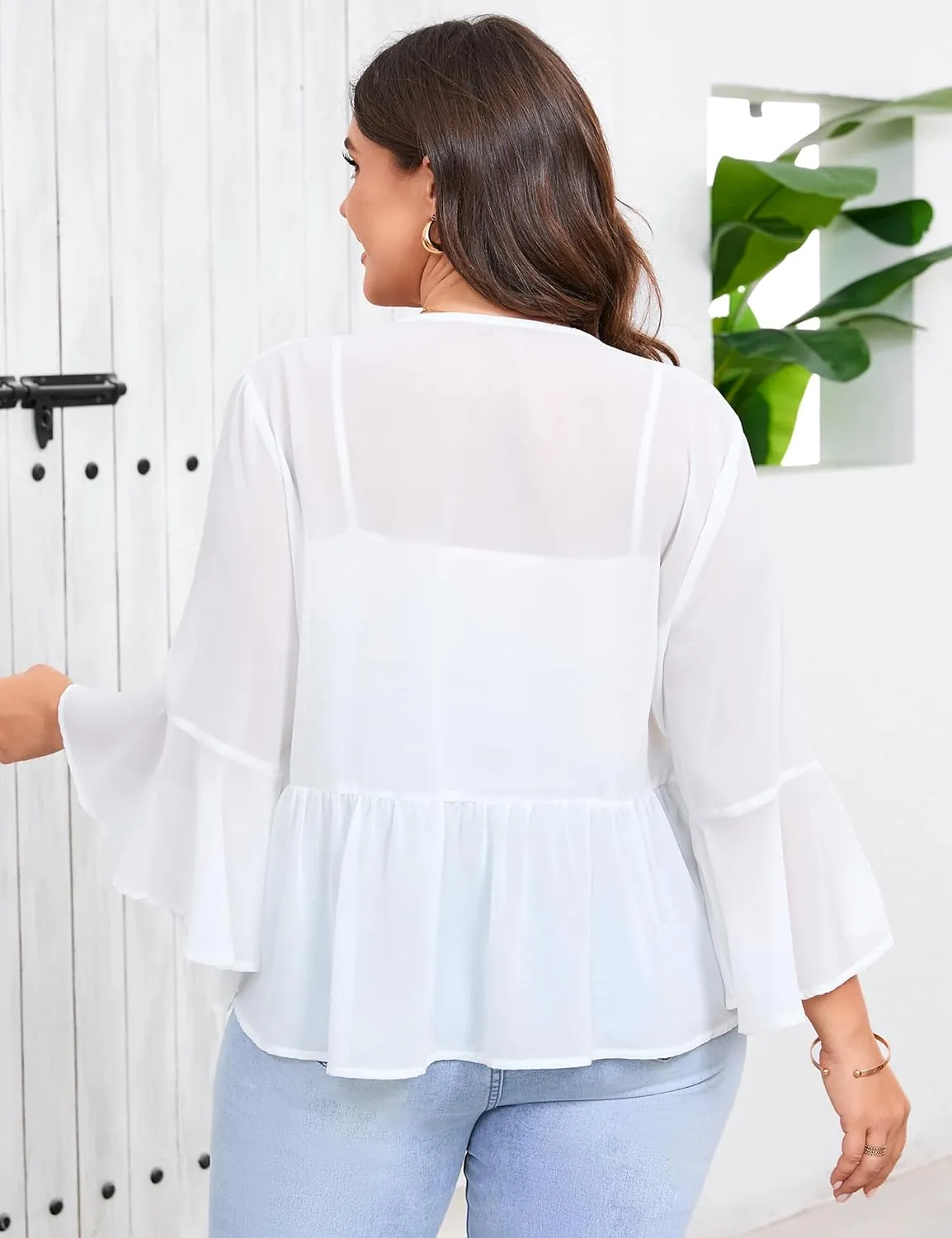 Women's Plus Size Lightweight Chiffon Cardigan Open Front Cover Up Long Sleeve Ruffles Summer Top Flowy Casual Beachwear