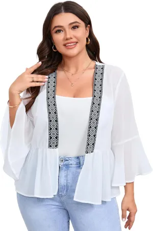 Women's Plus Size Lightweight Chiffon Cardigan Open Front Cover Up Long Sleeve Ruffles Summer Top Flowy Casual Beachwear