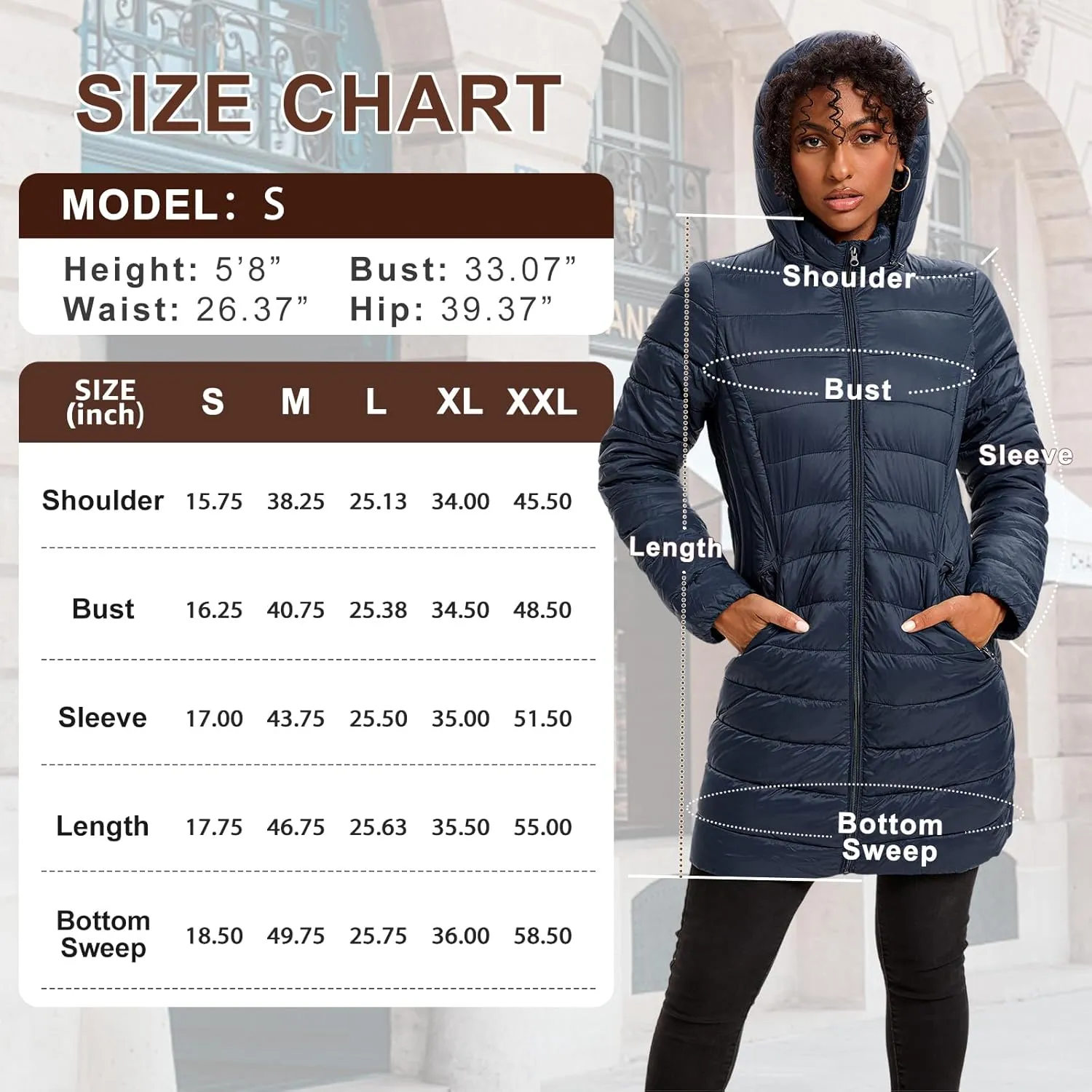 Women's Puffer Jacket Lightweight Packable Puffer Coat with Hood Long Winter Warm Travel Puffy Jackets