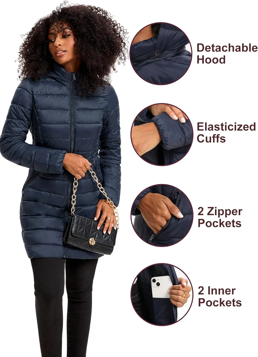 Women's Puffer Jacket Lightweight Packable Puffer Coat with Hood Long Winter Warm Travel Puffy Jackets