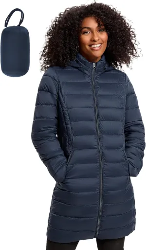 Women's Puffer Jacket Lightweight Packable Puffer Coat with Hood Long Winter Warm Travel Puffy Jackets