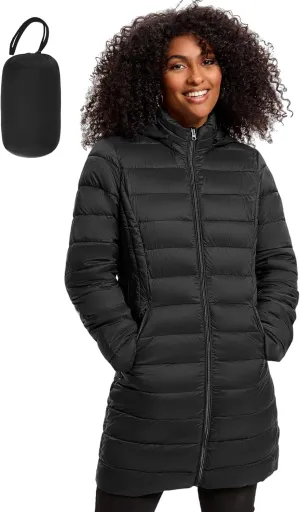 Women's Puffer Jacket Lightweight Packable Puffer Coat with Hood Long Winter Warm Travel Puffy Jackets