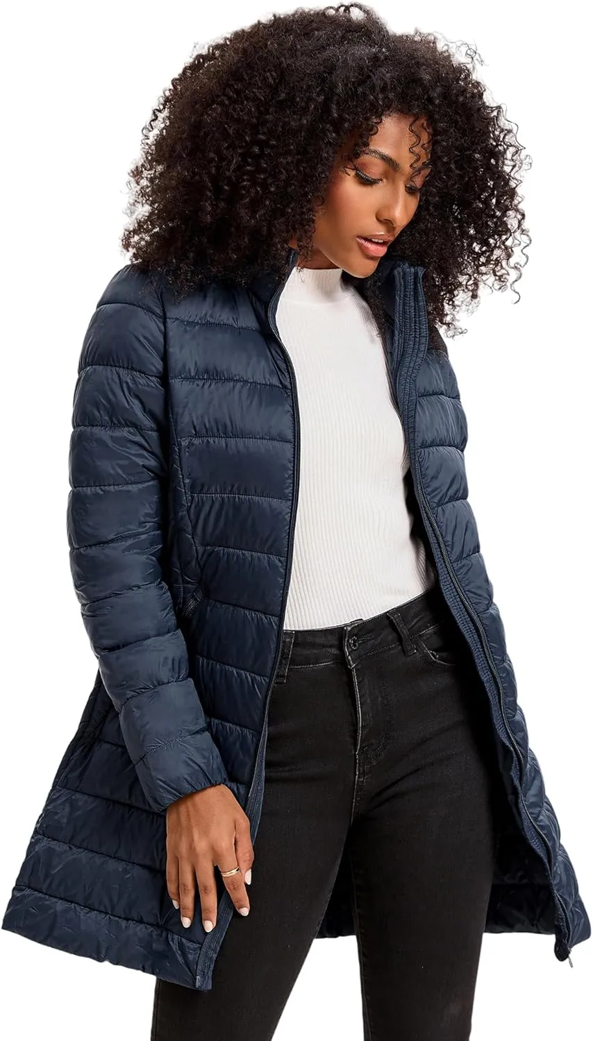 Women's Puffer Jacket Lightweight Packable Puffer Coat with Hood Long Winter Warm Travel Puffy Jackets