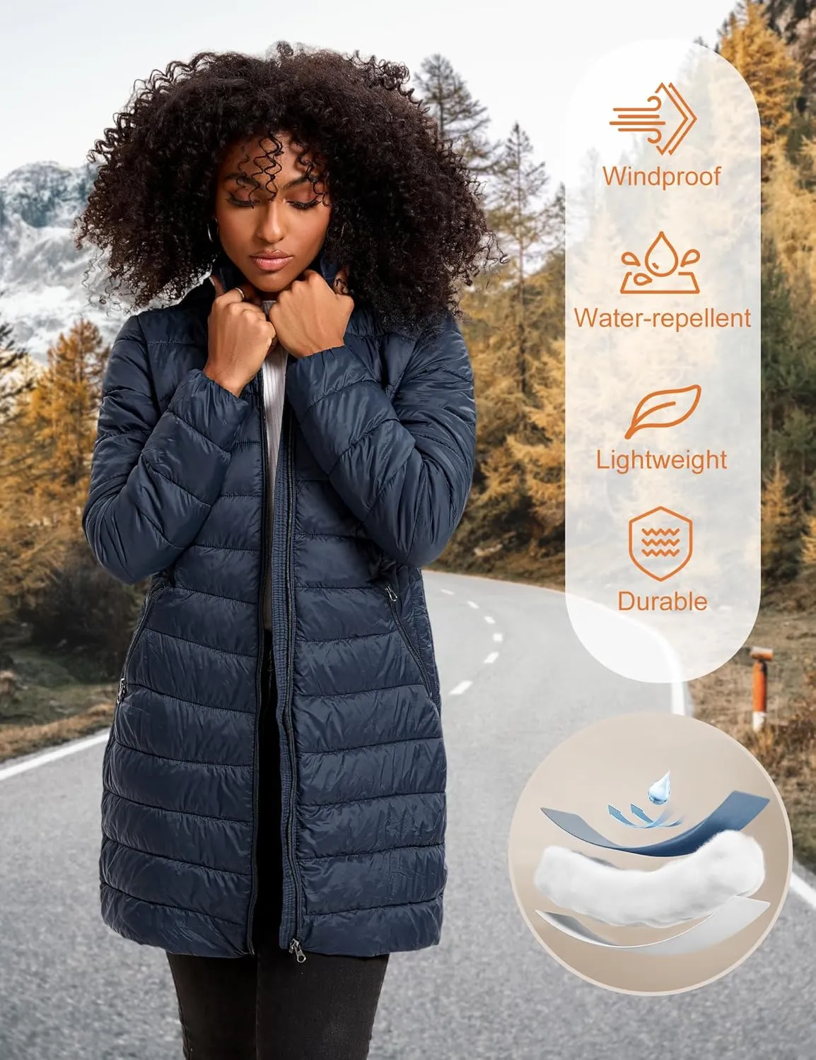 Women's Puffer Jacket Lightweight Packable Puffer Coat with Hood Long Winter Warm Travel Puffy Jackets