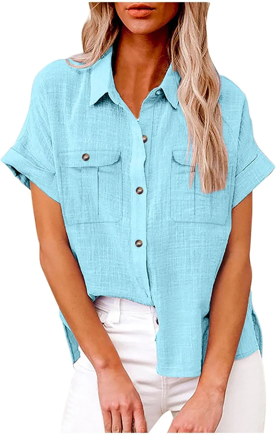Womens Short Sleeve Tops Button Down V Neck Shirts Casual Trendy Going Out Basic Tees Womens Summer Tops