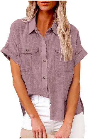 Womens Short Sleeve Tops Button Down V Neck Shirts Casual Trendy Going Out Basic Tees Womens Summer Tops