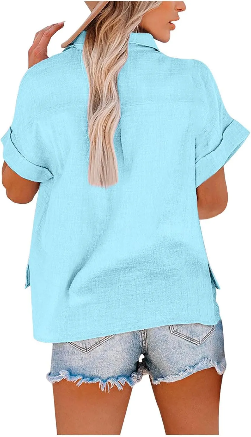 Womens Short Sleeve Tops Button Down V Neck Shirts Casual Trendy Going Out Basic Tees Womens Summer Tops