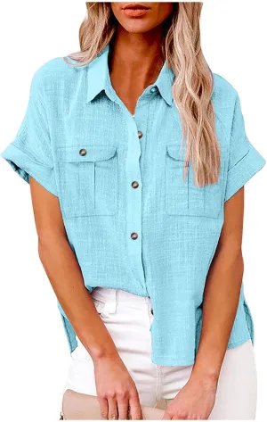 Womens Short Sleeve Tops Button Down V Neck Shirts Casual Trendy Going Out Basic Tees Womens Summer Tops