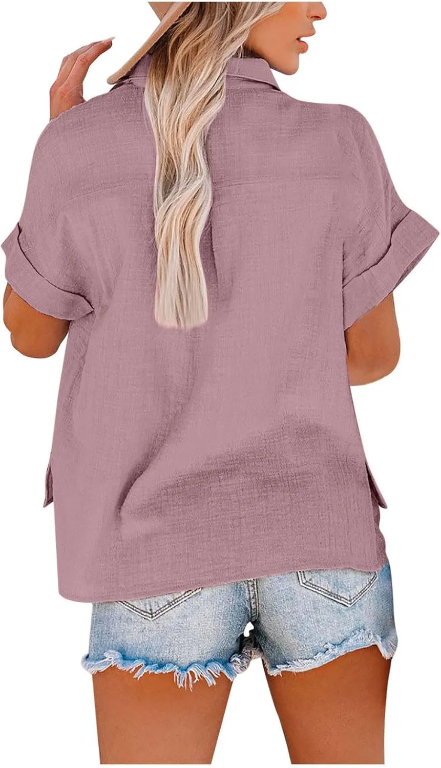 Womens Short Sleeve Tops Button Down V Neck Shirts Casual Trendy Going Out Basic Tees Womens Summer Tops