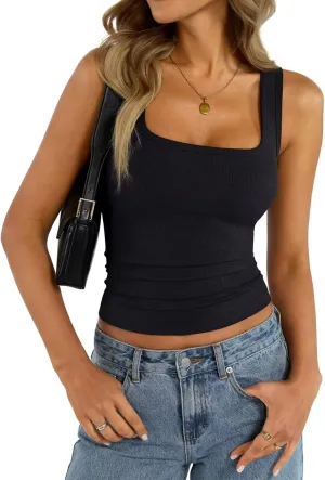 Womens Square Neck Ribbed Tank Tops Thin Shoulder Strap Sleeveless Basic Summer Clothes 2025